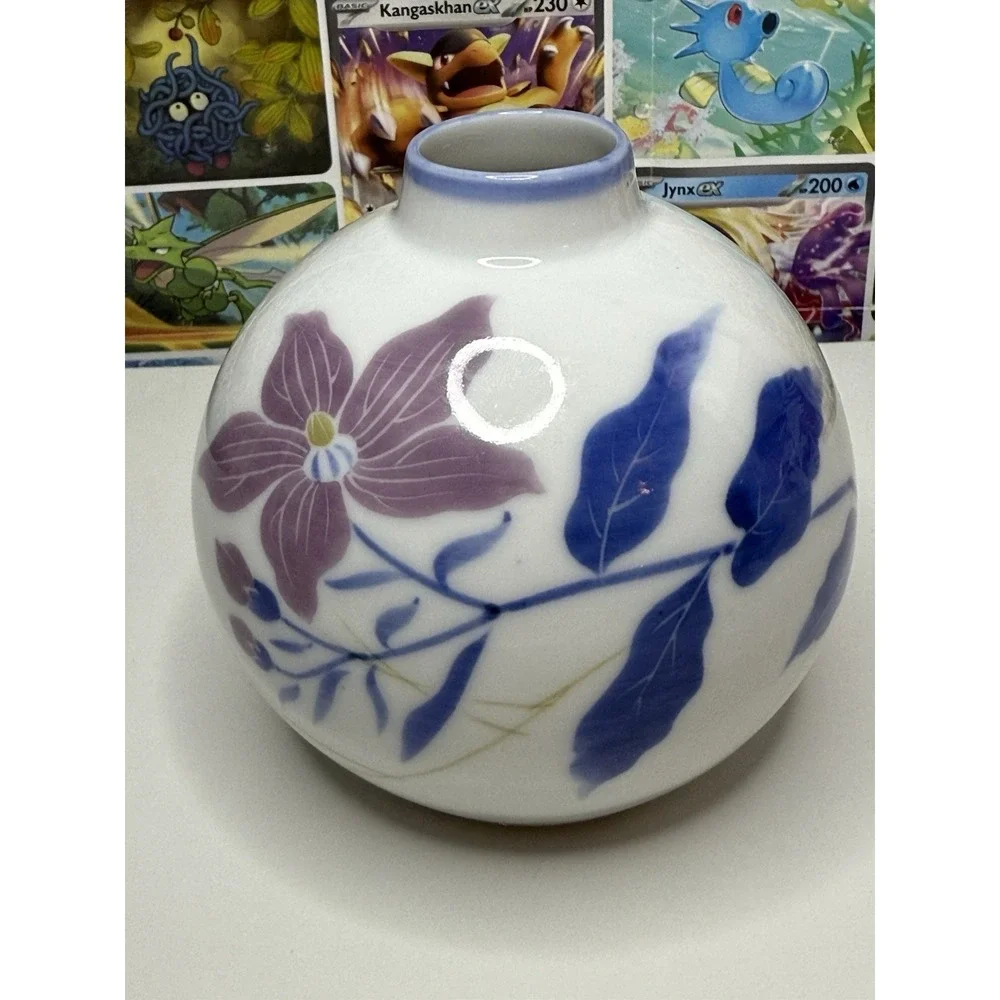 Vintage Signed Studio Pottery Floral Bud Vase Round White Blue Purple 4.5